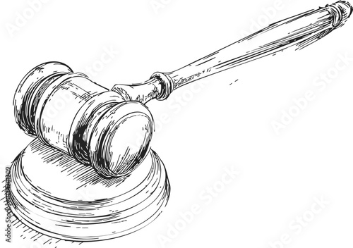 Gavel sketch hand drawn style with sound block for legal or auction themes. Vector illustration