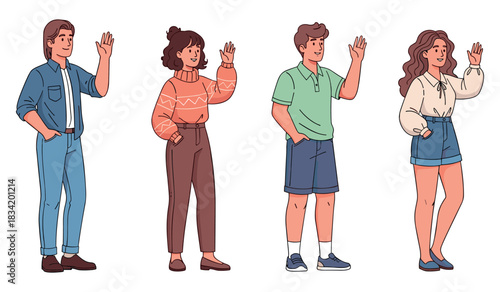 Group of diverse young adults waving: casual attire and friendly gestures
