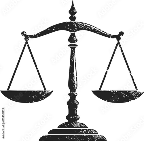 Balance scale sketch, hand drawn vintage style with textured shading. Vector illustration