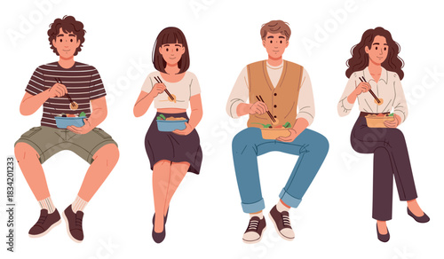 Diverse group of young adults eating with chopsticks
