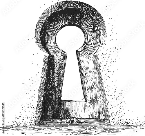 Keyhole sketch hand drawn large vintage lock opening with textured shading. Vector illustration