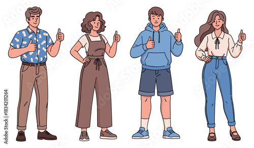 Group of diverse cartoon characters giving thumbs up