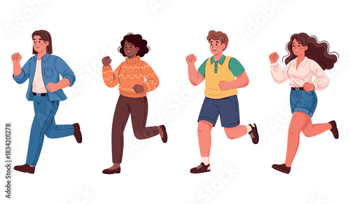 Diverse group of young adults running together in colorful attire