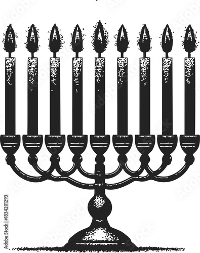 Menorah sketch hand drawn Hanukkah candelabrum with nine lit candles. Vector illustration