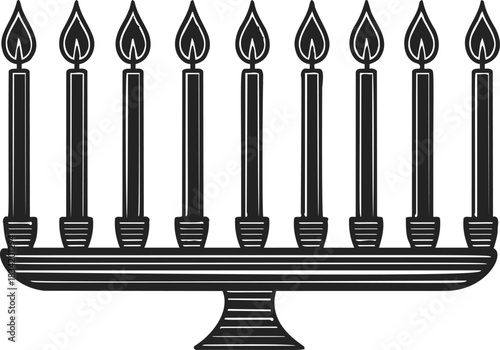 Menorah sketch, hand drawn Hanukkah candelabrum with nine lit candles. Vector illustration