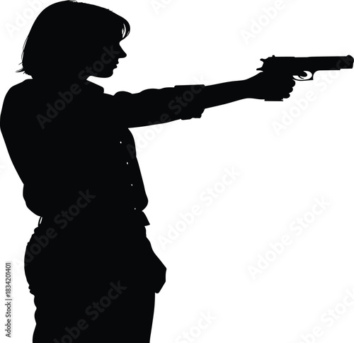 Silhouette of a determined female secret agent, detective, or military professional aiming a handgun in a side profile view, representing action, law enforcement, and protection.