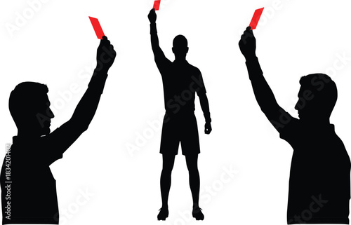 Black Silhouette of a Soccer Referee Holding Up a Red Card: Sending Off, Fouls, Penalty, Disqualification, Sports Rule Violation, and Authority Concept.