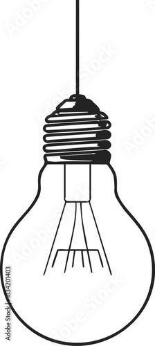 Incandescent light bulb sketch, hand drawn hanging with visible filament. Vector illustration