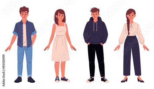 Cartoon characters: young diverse group in casual outfits