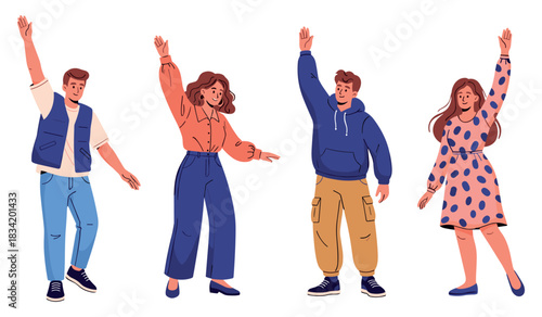 Diverse young adults waving hands in casual outfits on white background