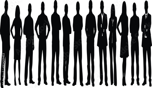 Large Group of Diverse Business People Silhouettes: Men and Women Standing Together Representing Teamwork, Corporate Staff, Communication, and Professional Success in Different Poses.