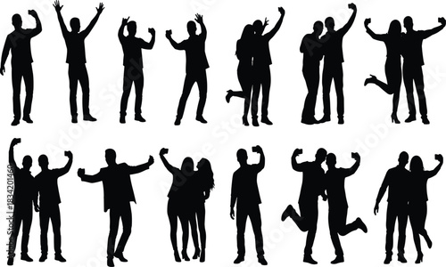 Set of Cheerful and Excited People Silhouettes Taking Selfies, Celebrating Success, Happiness, Party, Victory, and Friendship with Raised Hands.