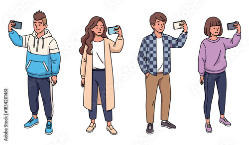 Diverse group of young adults taking selfies