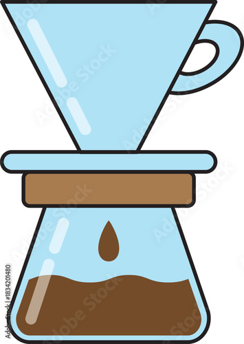 Vector illustration of a pour-over coffee maker with blue dripper and glass carafe. Ideal for barista tools, manual brewing visuals, café branding, and cozy lifestyle or kitchenware designs.