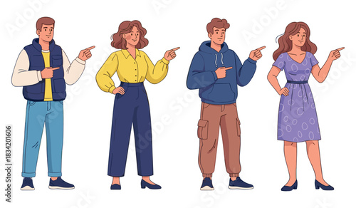 Diverse group of animated young caucasian adults pointing in casual attire