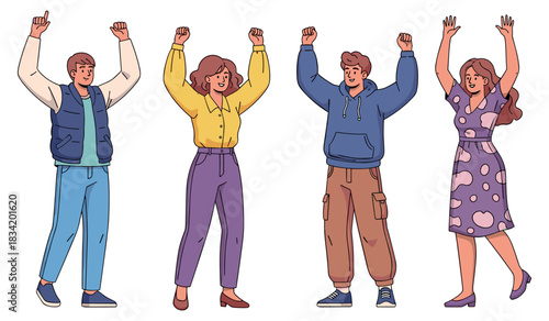 Diverse animated characters celebrating with raised arms