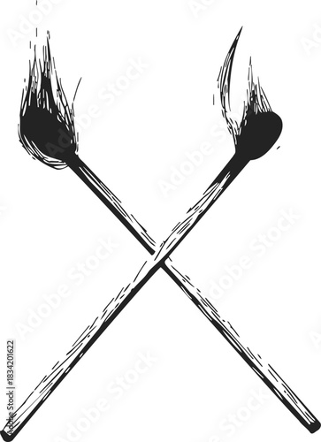 Burning matches crossed sketch, hand drawn black and white flame sticks. Vector illustration