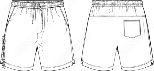 Swim shorts sketch, hand drawn style, front and back technical flat view. Vector illustration