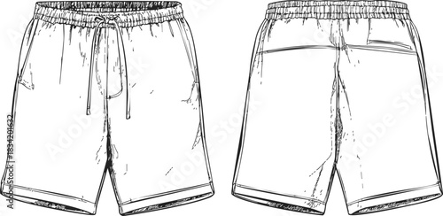 Men's shorts sketch, hand drawn style, elastic waistband, drawstring, side and back pockets. Vector illustration