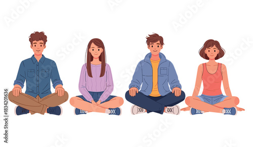 Four diverse young adults sitting cross-legged in casual attire on white background