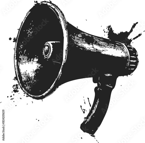 Megaphone sketch hand drawn with ink splatter grunge style. Vector illustration