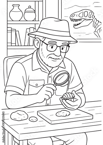 Coloring book Father archaeologist examining artifact with magnifying glass in laboratory