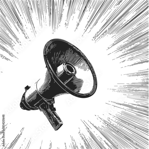 Megaphone sketch hand drawn with dynamic sound lines. Vector illustration