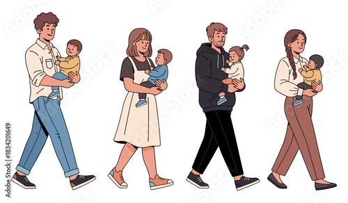 Diverse families walking: parents with children in arms