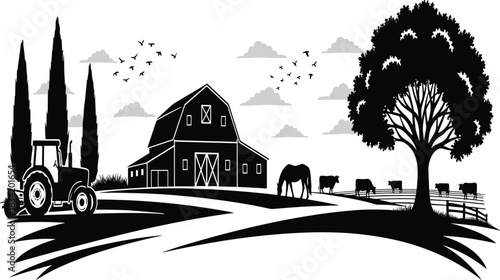 Monochromatic Rural Farm Landscape with Barn, Tractor, Livestock, Horse, Trees, and Birds: Agriculture, Countryside, and Ranch Scene Graphics.