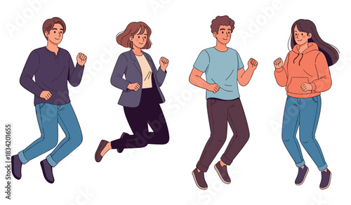 Four diverse young adults dancing in casual attire