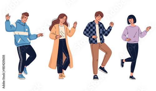 Group of young adults dancing in casual outfits