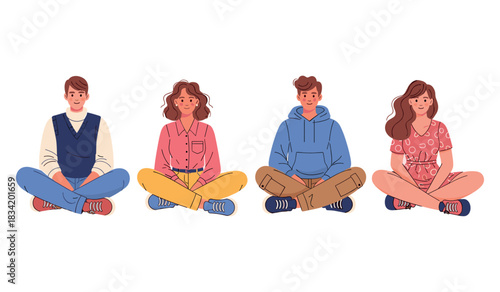 Diverse young adults sitting cross-legged in casual outfits