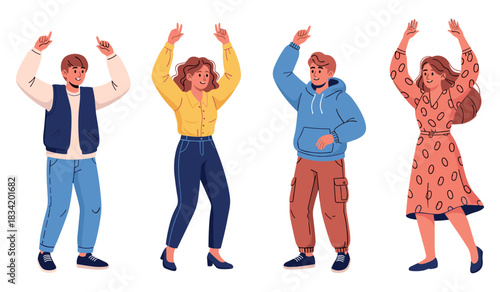 Diverse group of young adults dancing happily in casual outfits