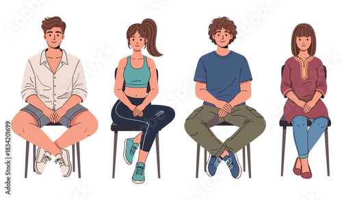 Four young adults sitting: diverse styles and expressions