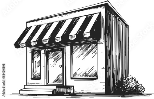 Storefront sketch hand drawn with striped awning and front steps. Vector illustration
