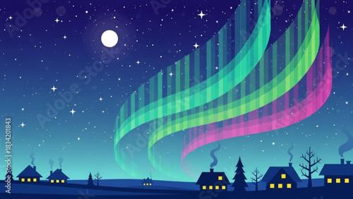 Magical aurora borealis illuminates a starry night sky above a peaceful village with glowing houses and silhouetted trees in a winter landscape