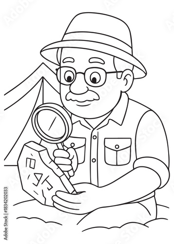 Coloring book Father archaeologist analyzing ancient tablet using magnifying glass at site