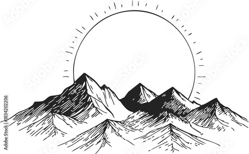 Mountain landscape sketch hand drawn with sun rising behind peaks. Vector illustration