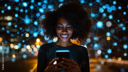 Smiling Woman Using Smartphone with Digital Network Overlay at Night.