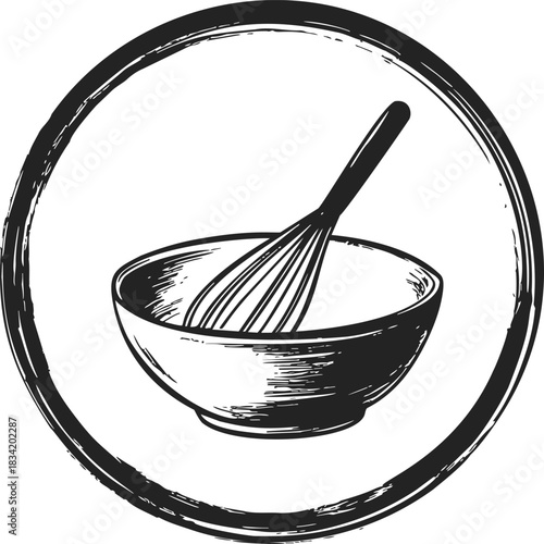 Mixing bowl with whisk sketch, hand drawn kitchen utensil in circular frame. Vector illustration