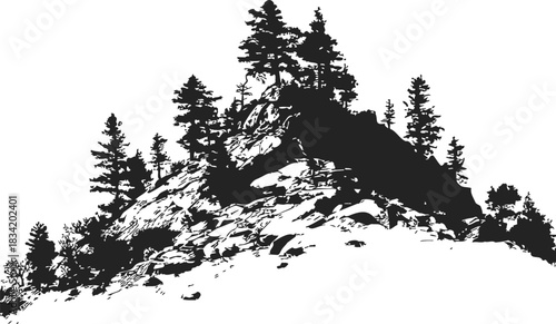 Rocky hill with pine trees sketch, hand drawn mountain landscape. Vector illustration
