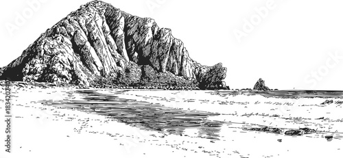 Rocky island sketch, hand drawn coastal landscape with large cliff and shoreline. Vector illustration