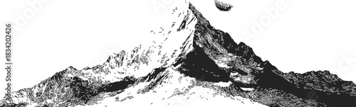 Mountain peak sketch, hand drawn line art with rugged ridges and rocky slopes. Vector illustration