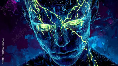 Close-up of a futuristic human with glowing cybernetic veins and bioluminescent skin 
