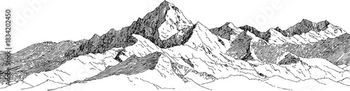 Mountain range sketch, hand drawn line art of rugged peaks and ridges. Vector illustration