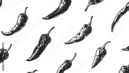 Chili pepper seamless pattern, sketch hand drawn style, black and white vegetable background. Vector illustration