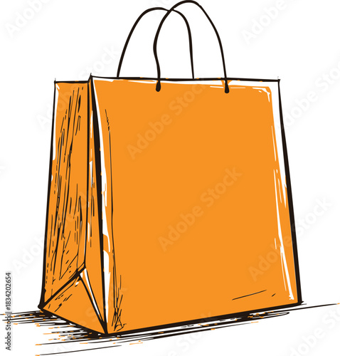 Orange shopping bag sketch, hand drawn style with handles and side details. Vector illustration