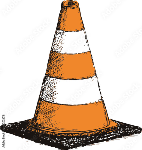 Traffic cone sketch hand drawn style with orange and white stripes. Vector illustration