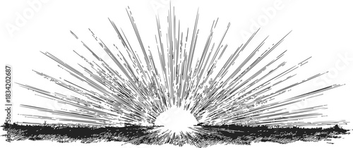 Sunrise sketch hand drawn sun rays over horizon landscape. Vector illustration