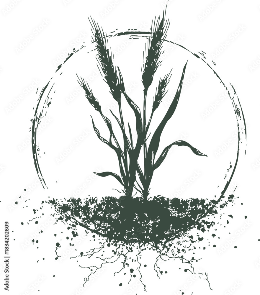 Obraz premium Wheat plant sketch hand drawn with roots and soil in circular frame. Vector illustration